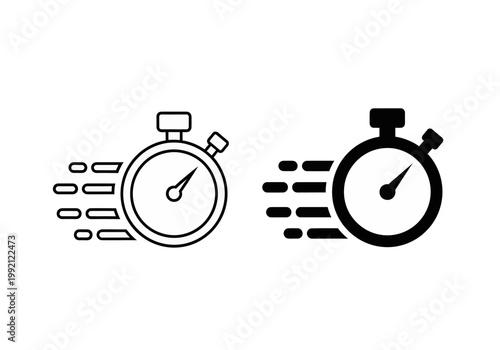 Vector illustration of stopwatch icons in black and white with motion lines