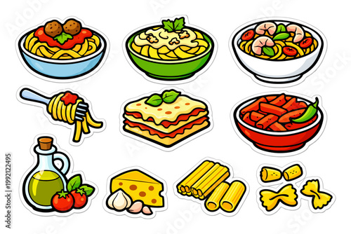 Colorful sticker set of italian pasta dishes and ingredients.