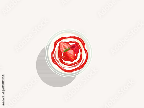 Yogurt bowl with strawberry jam swirl topped with fresh strawberry and raspberry fruits