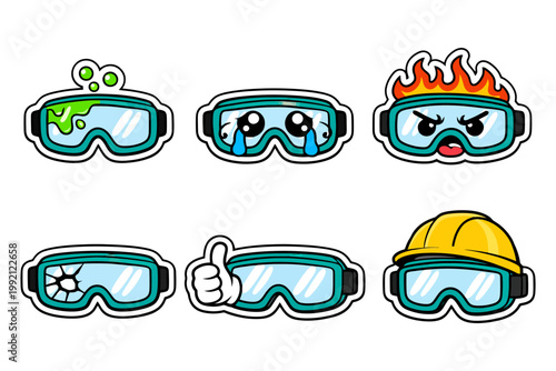 Colorful cartoon safety goggles with emoticons: expressions and themes.