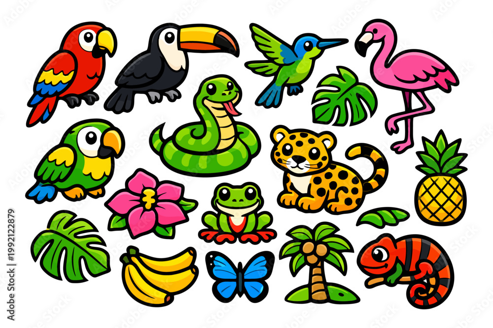 Fototapeta premium Colorful tropical wildlife collection with birds, reptiles, and plants.
