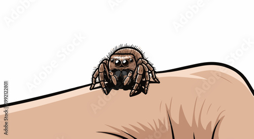 A small, furry spider with large eyes sits on a person's hand