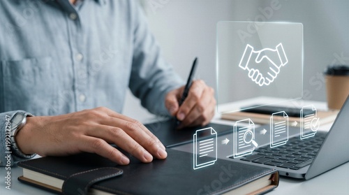 Procurement process management, Digital and paper document approval, contract verification, supplier negotiation, and business purchasing operations using laptop and paper in office environment