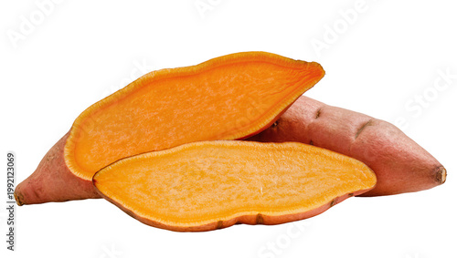 Cuadro en lienzo Isolated fresh whole sweet potato and cut halves revealing vibrant orange health