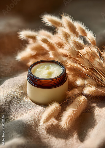 skincare jar with botanical elements soft light minimal aesthetic