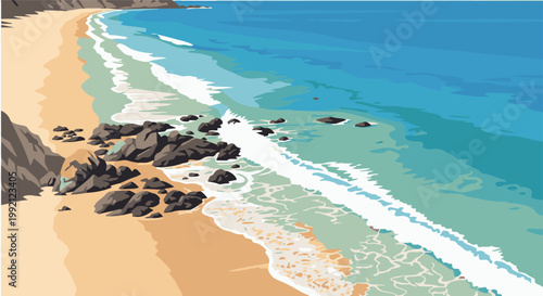 A stylized coastal scene with crashing waves on a sandy beach dotted with rocks