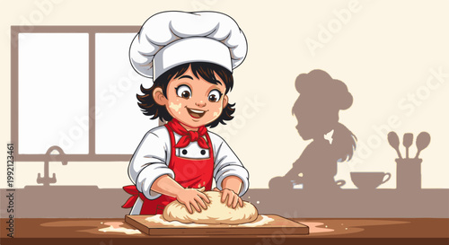 A smiling child in a chef's hat and apron kneads dough on a wooden board in a kitchen
