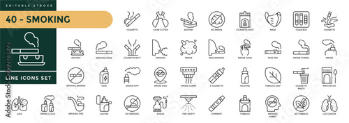 A collection of Smoking icons set with editable stroke, including cigarette, e-cigarette, ashtray, vape, smoke cloud, smoke alarm, and cigar cutter. Thin linear vector illustration.