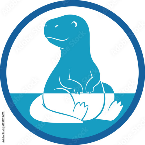 Blue dinosaur sitting in water inside a circle, cute and friendly