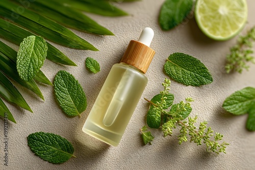 cosmetic serum with organic herbs minimal background modern design