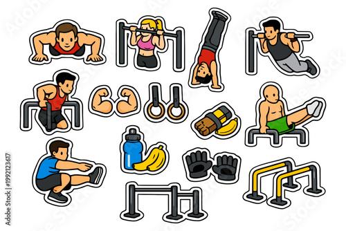 Cartoon fitness illustrations of diverse exercises and equipment.