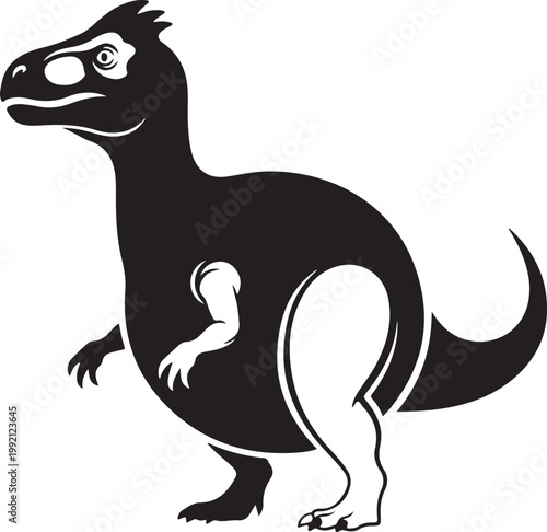 Black silhouette of a large dinosaur with sharp teeth and claws, prehistoric creature