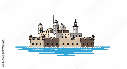 A simplified coastal fortification with towers and domes, surrounded by stylized blue water