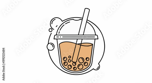 A simplified graphic illustration of a bubble tea drink with a straw and tapioca pearls