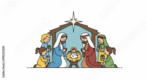A simplified, stylized illustration of a Nativity scene with figures bearing gifts