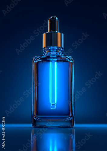 serum bottle with blue light glow science skincare concept clean design