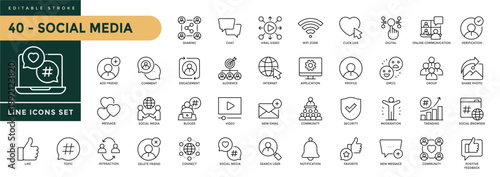A collection of Social Media icons set with editable stroke, including media, website, blog, content, business marketing and social network. Thin linear vector illustration.