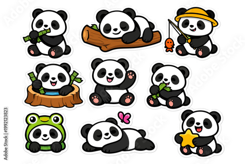 Cute cartoon pandas in various playful poses with bamboo and accessories.