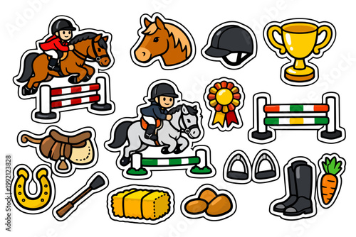 Equestrian stickers set featuring riders, horses, trophies, and jumping gear.