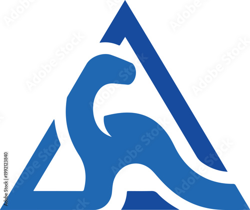 Blue dinosaur shape integrated into a blue triangle, symbolizing growth and progress