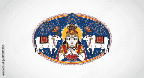 Traditional Indian art depicts a serene figure with cows and peacocks