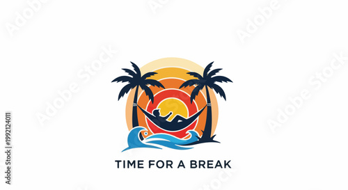 Tropical sunset scene with person relaxing in hammock between palms