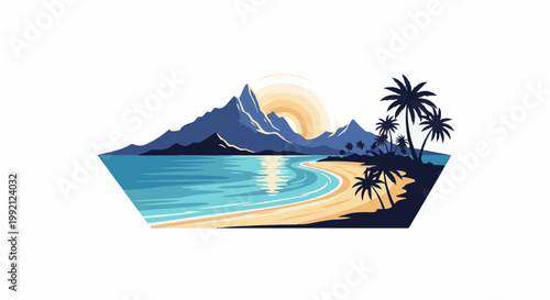 Tropical mountains and ocean beach with palm trees under a setting sun