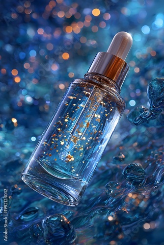 beauty serum with glowing particles science skincare advertising style