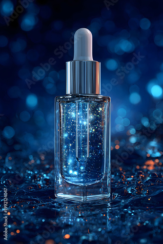 beauty serum with glowing particles science skincare advertising style