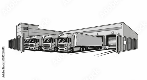 Trucks parked at a warehouse loading dock with a tall fence