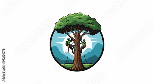 Two arborists ascend a large tree in a circular emblem with a mountain backdrop