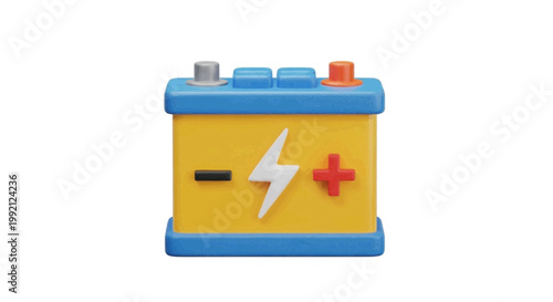 Vector illustration of 3d icon of a yellow car battery with positive and negative terminals on a transparent background