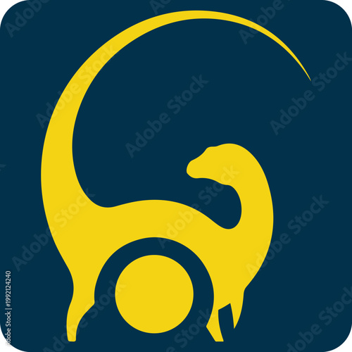 Stylized yellow Brontosaurus dinosaur logo on a dark blue square background.