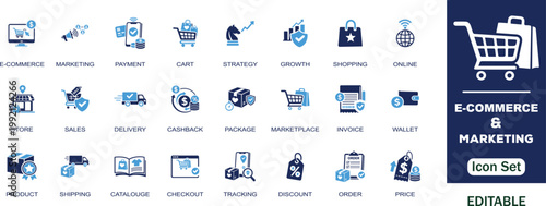 E-commerce and Marketing editable solid icon set. Payment, cart, strategy, online, shopping, growth, marketplace, sales, delivery elements and more vector icons  collection. 