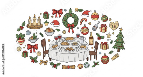 Whimsical retro Christmas dinner doodle scene with food drinks candles tree festive vector illustration