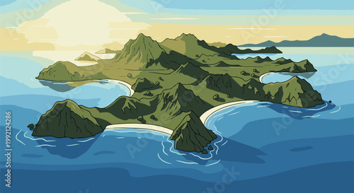 Verdant island peaks meet tranquil ocean waters under a soft sky