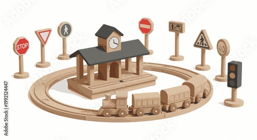 Wooden toy train station with traffic signs and train on track