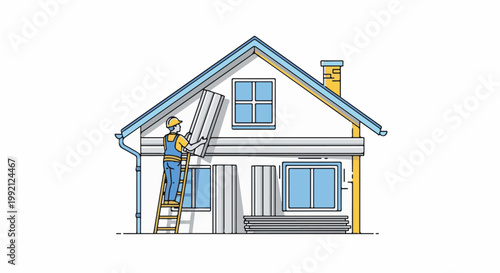 Worker installs siding on a house using a ladder, with materials stacked