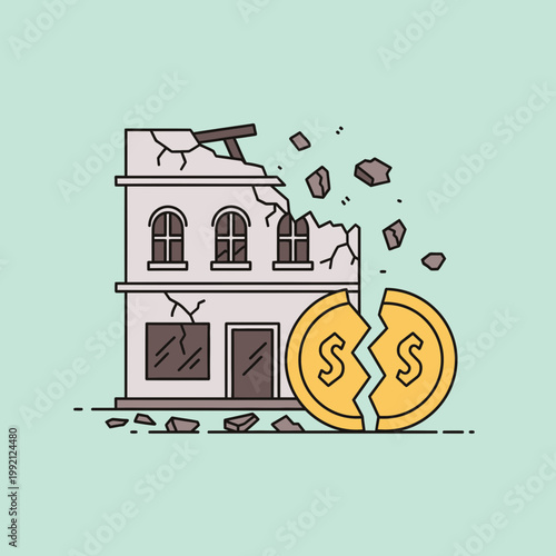 Damaged house with broken coins.