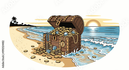Wooden treasure chest overflowing with gold coins and gems on a beach