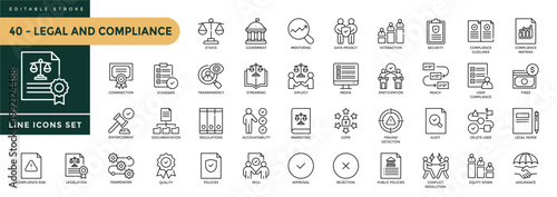 A collection of Legal And Compliance icons set with editable stroke, including Law, audit, data privacy, policy governance, regulatory, regulations. Thin linear vector illustration.