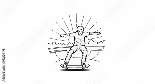 Young skateboarder performing a trick at a skatepark with sun rays