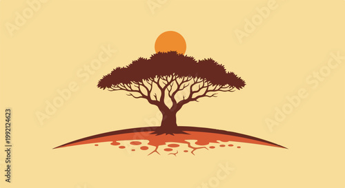 Silhouette of an acacia tree and sun on a light tan background