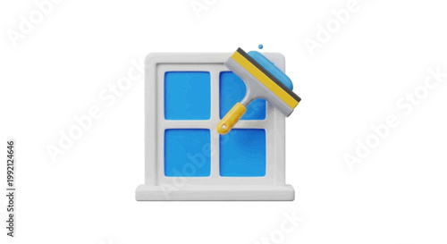Vector illustration of 3d icon of a window being cleaned with a squeegee on a transparent background