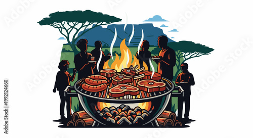 Silhouetted family enjoys a vibrant outdoor barbecue with steaks and sausages grilling