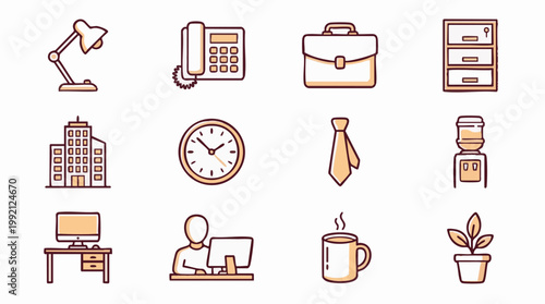 Flat design icons set of office items, business tools and workplace essentials