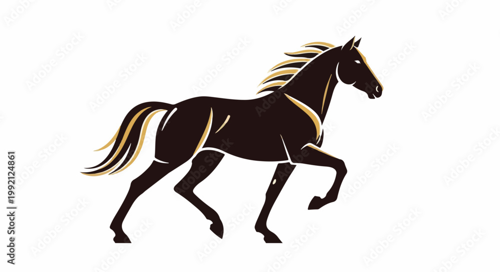 Obraz premium Stylized dark brown horse with flowing golden mane and tail