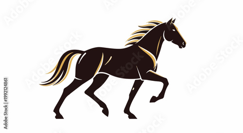 Stylized dark brown horse with flowing golden mane and tail