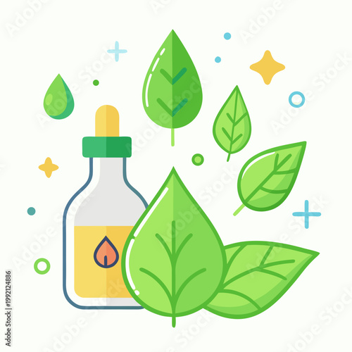 Basil essential oil bottle with green leaves