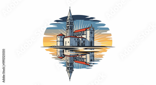 Stylized illustration of a white cathedral with red roofs reflected in water